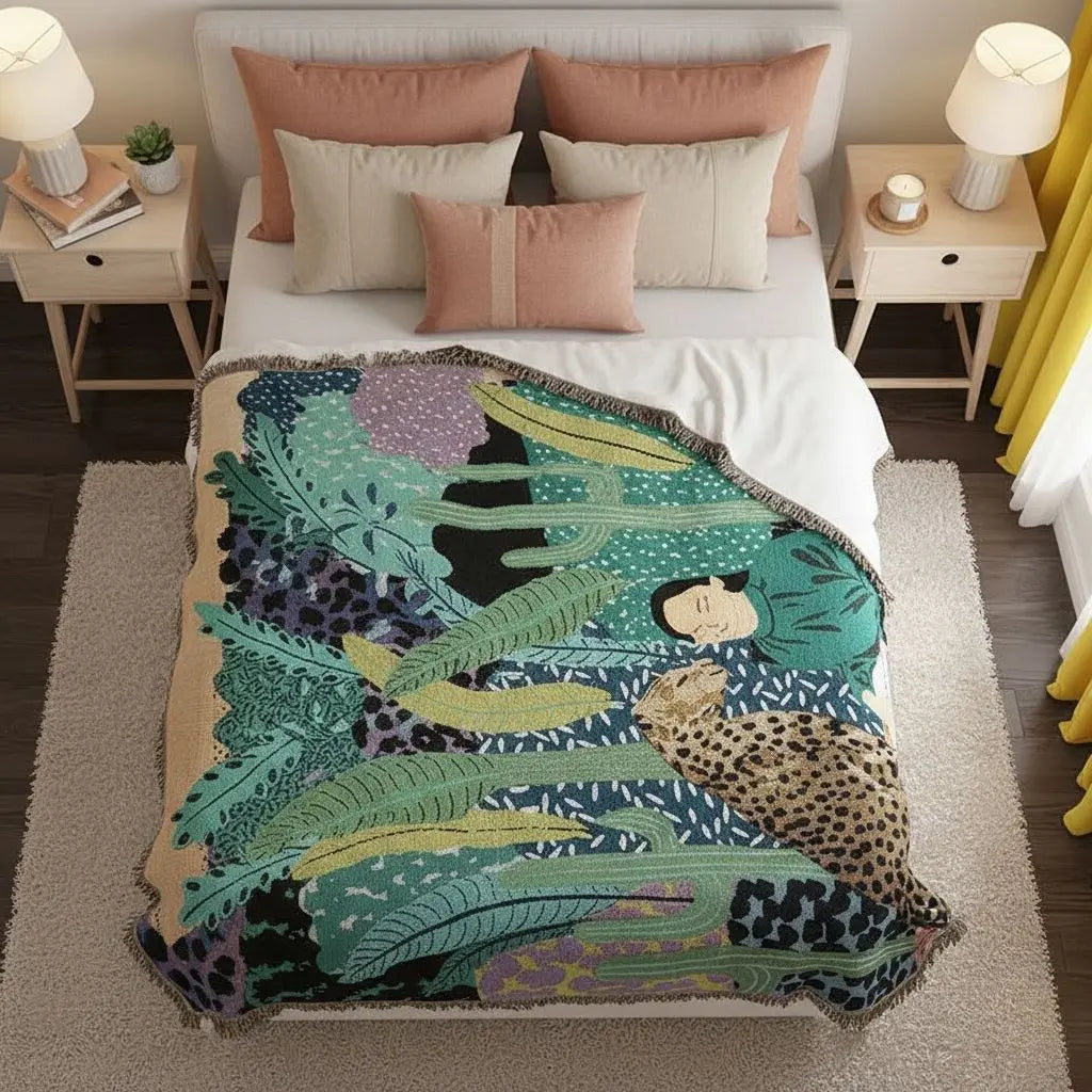 Gewebte Wohndecke mit Jungle-Motiv Kuschelige Baumwoll