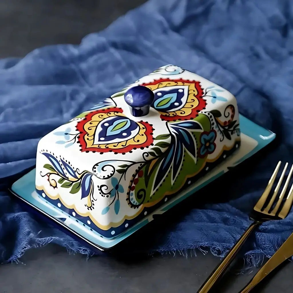 Keramik Butterdose mit Deckel im mediterranen Design