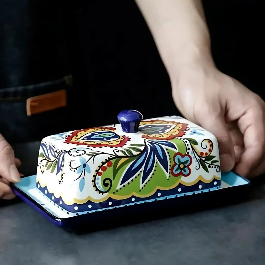 Keramik Butterdose mit Deckel im mediterranen Design