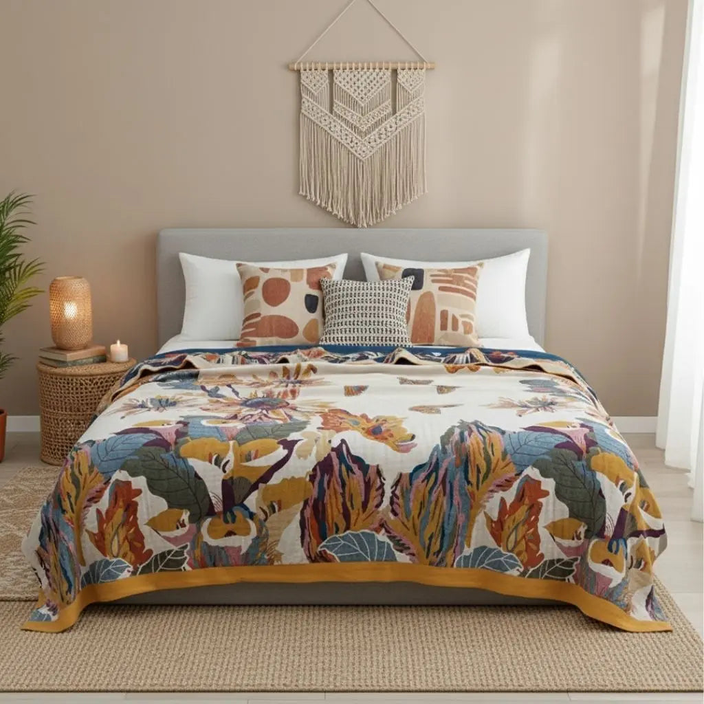 Baumwoll Musselin Decke mit Boho Muster Mehrlagige Kuscheldecke