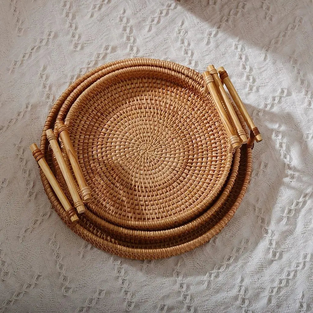 Handgefertigtes Rattan Tablett mit Holzgriffen Rundes Serviertablett