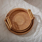 Handgefertigtes Rattan Tablett mit Holzgriffen Rundes Serviertablett