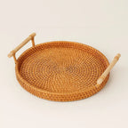 Handgefertigtes Rattan Tablett mit Holzgriffen Rundes Serviertablett
