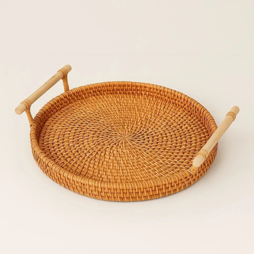 Handgefertigtes Rattan Tablett mit Holzgriffen Rundes Serviertablett