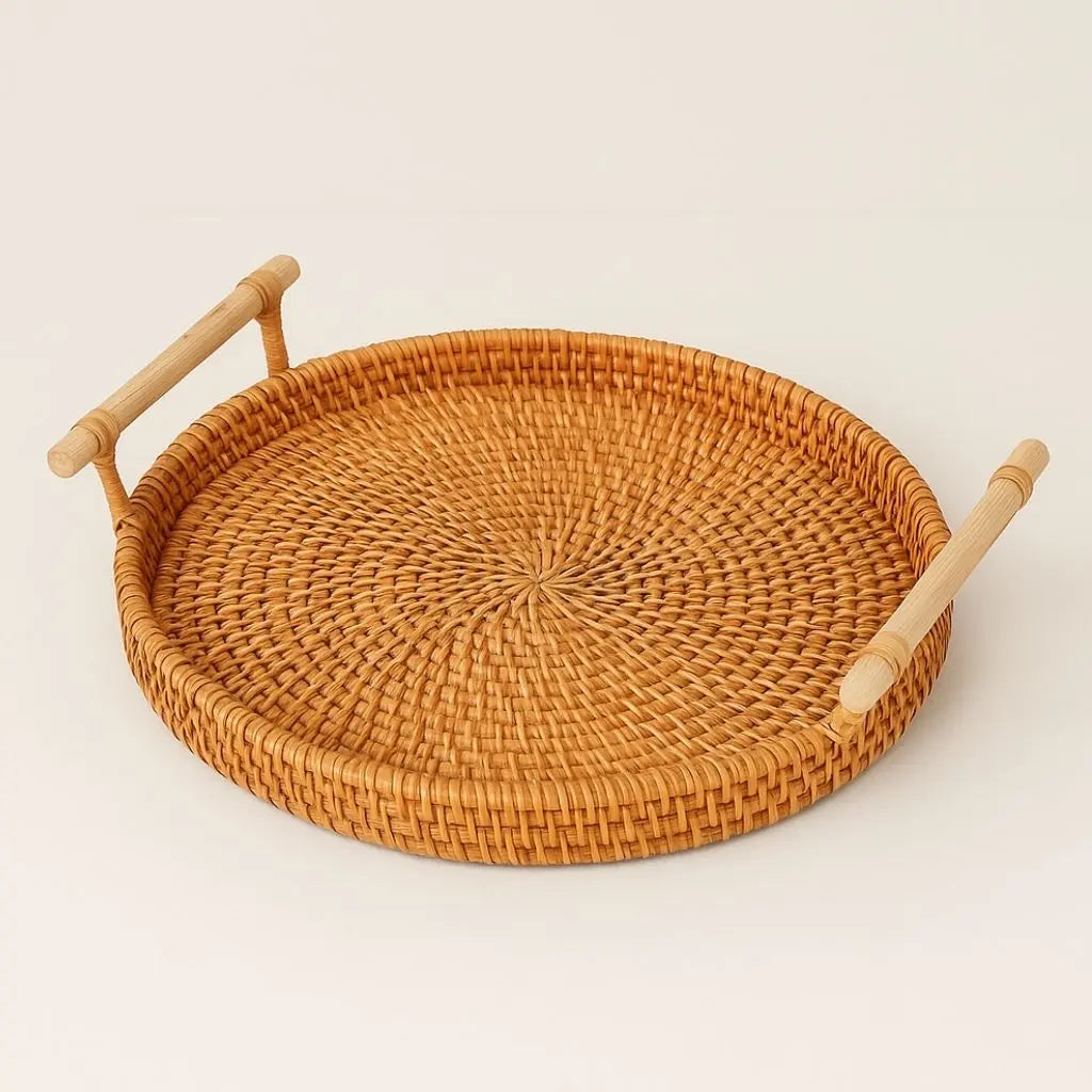 Handgefertigtes Rattan Tablett mit Holzgriffen Rundes Serviertablett