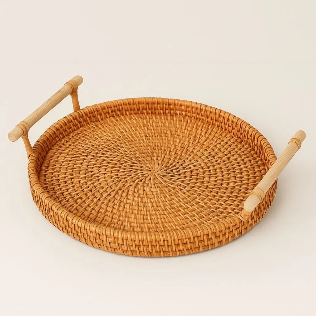 Handgefertigtes Rattan Tablett mit Holzgriffen Rundes Serviertablett