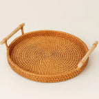 Handgefertigtes Rattan Tablett mit Holzgriffen Rundes Serviertablett