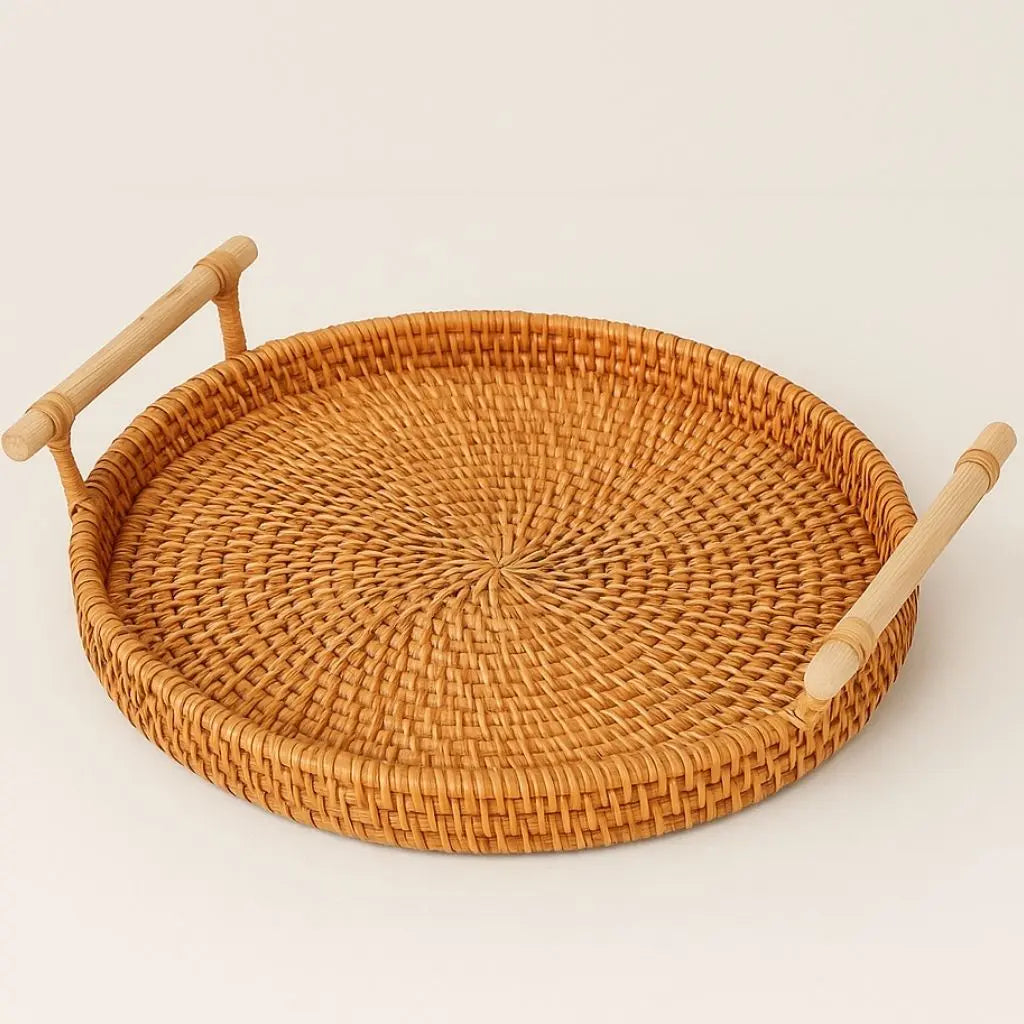 Handgefertigtes Rattan Tablett mit Holzgriffen Rundes Serviertablett